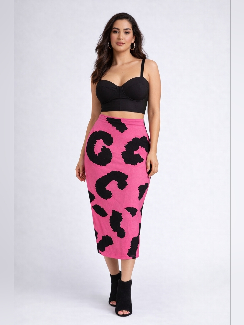 Pink & Black Leopard Print Midi Skirt | Bodycon High Waist